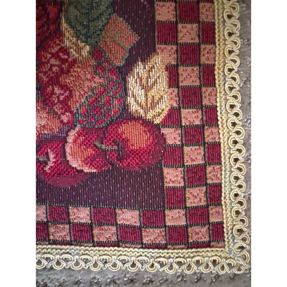 Vintage Woven Harvest Tapestry Table Runner Fruit Cornucopia Lace Trim 31x36